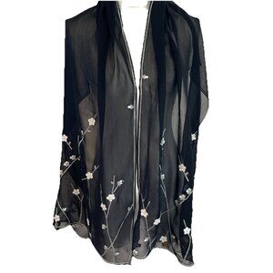 ZAZOU Embroidered Scarf Wrap Black Sheer Chiffon 20x70" Floral Beads Luxury NWT